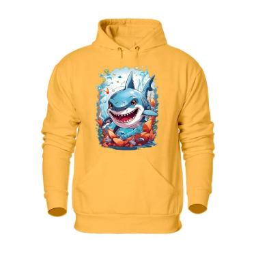 Imagem de Blusa de Moletom Com Capuz Bolso Canguru Flanelada Quente Inverno Estampa Tubarão