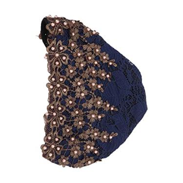 Imagem de Acouto Turbante Bordado Vintage Envolve Mulheres – Material de Renda Macia Com Chapéu de lã Com Contas, Uso Diário Ideal, Queda de Cabelo, Chapéu Muçulmano e Acessório de Moda (Azul escuro)