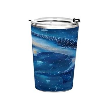 Imagem de Blueangle Copo de 340 g com tampa e canudo, copo de café com água isolada a vácuo de aço inoxidável, caneca de viagem de baleia azul, copo térmico para bebidas quentes e frias (267)
