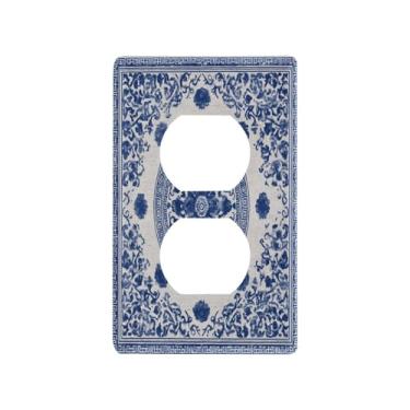 Imagem de Blueangle Placa de parede frente e verso estilo porcelana azul e branca, tamanho padrão, placas de cobertura de tomada elétrica de 1 gangue para decoração de quarto de escritório em casa, 4,53 x 2,76
