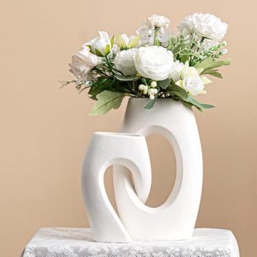 Imagem de Conjunto de vasos de casal entrelaçados – 2 peças de vasos de cerâmica branca com design de laço e pescoço retangular largo, presentes românticos para casais, presente de casamento para casal, vaso