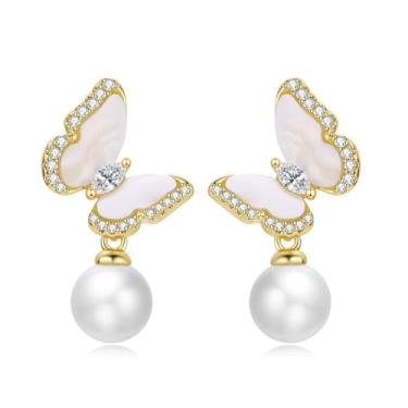 Imagem de Miss Glorael Brincos de borboleta banhados a ouro 14K, brincos de pérola artificial, acabamento de zircônia cúbica de 1 mm, brincos de prata S925, joias elegantes e modernas