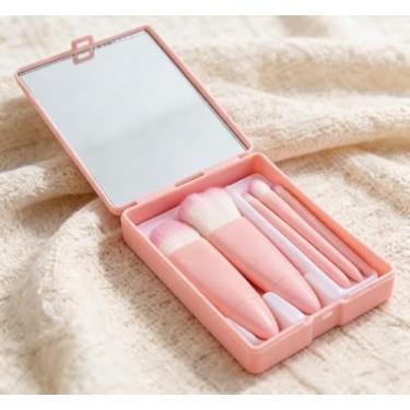 Imagem de Conjunto de 5 pincéis de maquiagem portáteis para base e corretivo para sombra, conjunto de pincéis de maquiagem com espelho de maquiagem