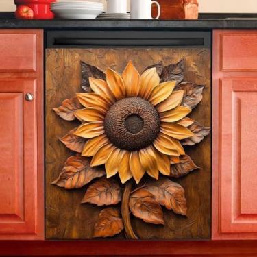 Imagem de Capa de ímã vintage de girassol de madeira para lava-louças, decalque magnético rústico para painel de porta de celeiro, adesivo magnético decorativo para máquina de lavar louça, geladeira, máquina de