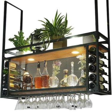 Imagem de Rack de vinho suspenso com suporte de vidro, racks de taças de cálice, suporte de copo de vinho com suspensão, organizador de armazenamento, suporte de garrafa de vinho de ferro, prateleira de vinho