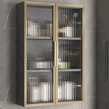 Imagem de Armário de parede de vidro moderno - Armazenamento de cozinha e banheiro de 2 portas, portas de vidro elegantes, versáteis para quarto e sala de estar, 60 x 75 x 14 cm, perfeito para organização