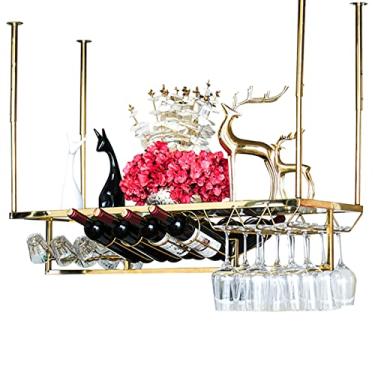 Imagem de (pt: Rack de vinho suspenso no teto, suporte de garrafa de vinho de metal dourado com prateleira de vidro, altura ajustável, cabide de armazenamento de copos de vinho de 119,4 cm 149,9 cm para cozinha
