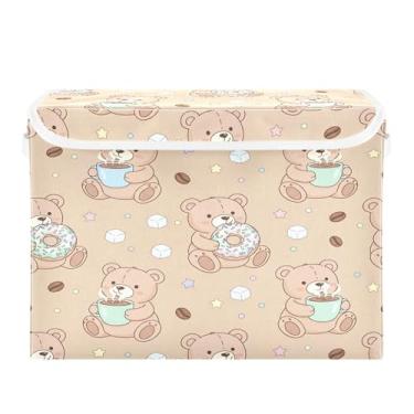 Imagem de Burbuja Caixa de armazenamento Bear Coffee com tampa e alças, grande caixa de armazenamento dobrável para prateleiras armário quarto escritório organizador