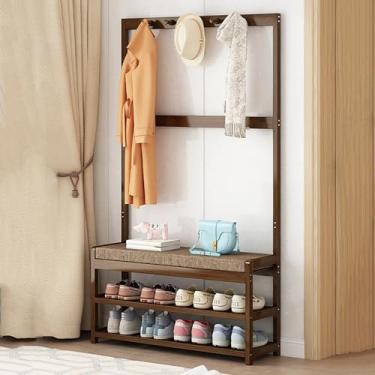 Imagem de Banco de armazenamento de sapatos de bambu com cabideiro - organizador de entrada, conjunto pequeno de sapateira e banco, elegante e funcional banco de sapatos de 90 cm para casa, corredor ou mudroom