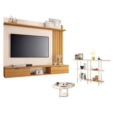 Imagem de Painel Suspenso Lets Com Mesa De Centro Sky Com Tampo De Vidro E Aparador Infinity Cinamomo Off White - Hb Móveis