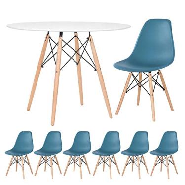 Imagem de Loft7, Kit - Mesa redonda Eames 100 cm branco + 6 cadeiras Eiffel Dsw Turquesa
