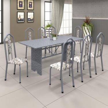 Imagem de Conjunto de Mesa 180x75cm Tampo Granito com 8 Cadeiras Bianca Soma Móveis Martelado Pérola/Ocre/Arabesco