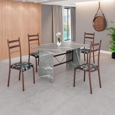 Imagem de Conjunto Sala de Jantar Mesa Retangular 120x75cm Tampo Granito Topázio 4 Cadeiras Marselha Preto Floral / Marrom