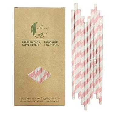 Imagem de Canudos de papel biodegradáveis listrados rosa, pacote com 100 canudos de chá de bebê para meninas bonitas rosa claro e branco, para palitos pop de bolo, decoração de festa e casamento