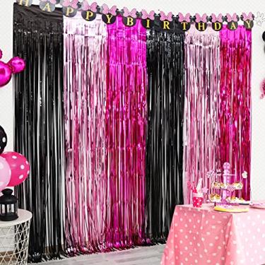 Imagem de LOLStar Pacote com 3 suprimentos de festa de aniversário de rato de desenho animado, cortinas de franja de folha de estanho fúcsia preto x 2 m, decoração de festa para meninas e bebês