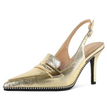 Imagem de SAMMITOP Sapato social feminino de salto alto stiletto fechado bico fino com tiras de fivela prata com contas de prata moda escritório 3,5 polegadas, Dourado, 38