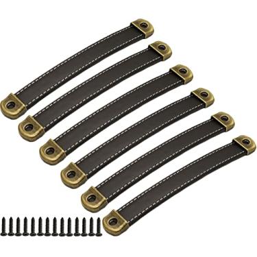 Imagem de Puxadores de gaveta de couro com capacidade de rolamento aprimorada de chapa de ferro, 6 peças Sinyiol Puxadores de armário caixa de presente Puxadores de couro com parafusos de rosca (distância do