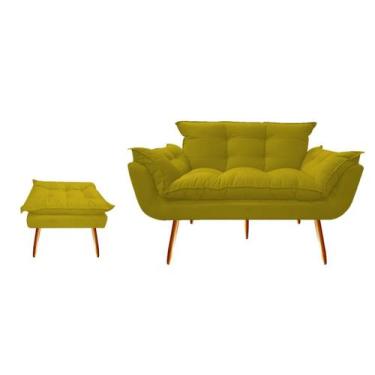Imagem de Kit Namoradeira +1 Puff Puf Decorativo Opala Suede Amarelo Pés Madeira