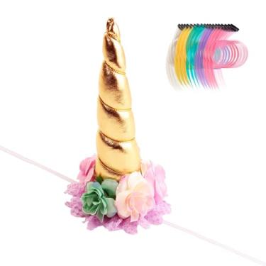 Imagem de Nishine Faixa de cabeça de chifre de unicórnio floral de 20 x 12,7 cm + 18 peças de tinsel de cabelo de crina de pônei para fazer do seu cavalo um unicórnio decoração de festa de casamento Holloween