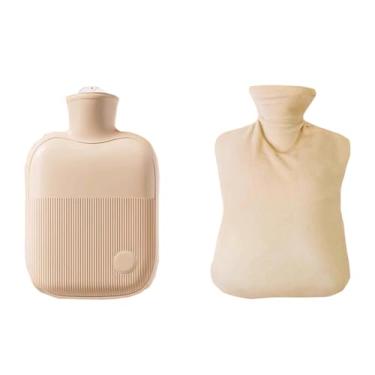 Imagem de Garrafa de água quente com tampa, bolsa de água quente de 1L para compressa quente e fria, aquecedor de pés de mão para cobertura de tecido de inverno - bege
