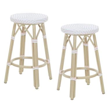 Imagem de Greemotion Binde Boho 66 cm Bancos de alumínio e vime para todos os climas com apoio para os pés, bancos de pátio e cadeiras de bar para ambientes externos, balcão de cozinha, piscina, quintal,