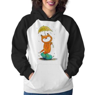 Imagem de Moletom Feminino Raposa Fofinha Na Chuva - Foca na Moda, Branco, Preto