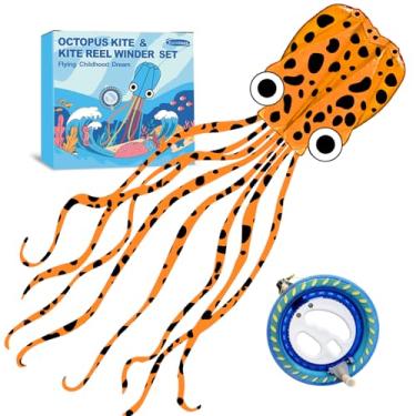Imagem de Kaiciuss Kit De Pipa E Carretilha Octopus, Fácil Empinar Para Viagens À Praia, Ótimo Enrolador Crianças Adultos, Estilo Sem Moldura Linha Única Com Rodas 7,2 Polegadas (Manchas Laranja)