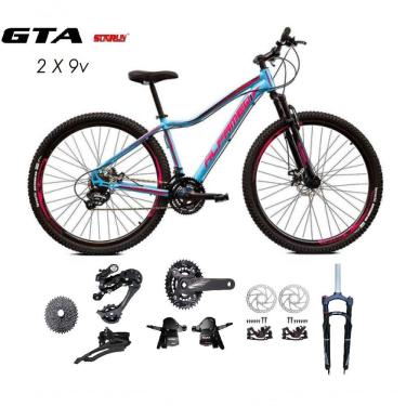 Imagem de Bicicleta Aro 29 Alfameq Pandora Kit 2x9 Gta Sunrun Freio Disco K7 11/36 Pedivela 24/38d Garfo Trava - Azul/rosa Tam.15
