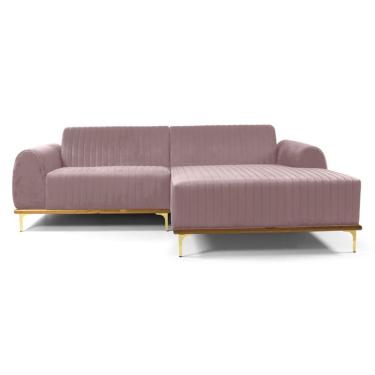 Imagem de Sofá 3 Lugares Molino com Chaise Direito Veludo Rosa e Dourado