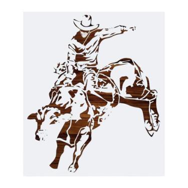 Imagem de Estêncil com logotipo Cowboy Bullrider 20,3 cm x 16,5 cm Mylar corte a laser artes e artesanato material scrapbook para pintura de aerógrafo e mais estêncil reutilizável STENCILAIR