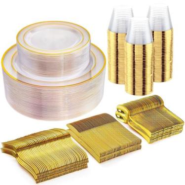 Imagem de Conjunto de pratos WELLIFE Clear Gold 300 unidades com copos e talhere
