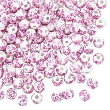 Imagem de UNICRAFTALE Cerca de 120 peças de contas de porcelana redondas de 8 mm contas de cerâmica rosa impressas com flores soltas contas espaçadoras artesanais kit de miçangas para pulseiras faça você mesmo