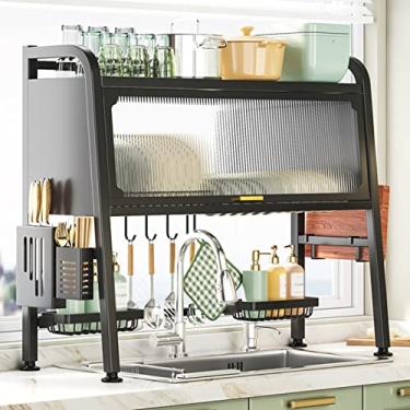 Imagem de AKALNNB Organizador de cozinha rack de armazenamento de pia escorredor de pratos com tampa, escorredor de pratos de aço inoxidável, organizador de armazenamento de balcão com 5 ganchos (cor: preto