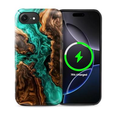 Imagem de Toulas Capa para iPhone 16E, [compatível com MagSafe], revestimento rígido de camada dupla híbrida resistente a arranhões, mármore verde de grão de madeira