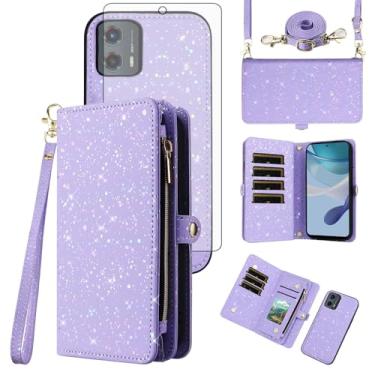 Imagem de Asuwish Capa de celular para Motorola Moto G 5G 2023 carteira magnética destacável com protetor de tela de vidro temperado e suporte de cartão com glitter, acessórios para celular G5G 5 G G5 mulheres