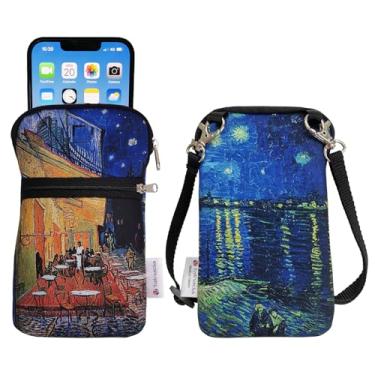 Imagem de Tainada Bolsa universal de neoprene para celular com zíper duplo para homens e mulheres com alça transversal/cordão de pescoço | Absorção de choque | Leve | (Van Gogh Café Terrace à noite)