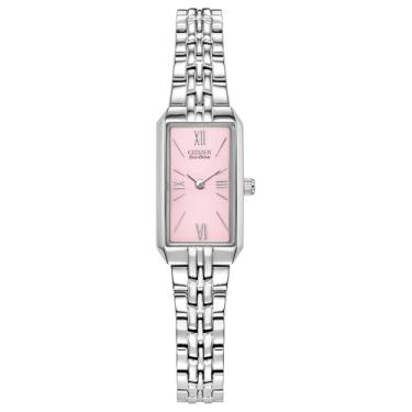 Imagem de Citizen Relógio feminino Eco-Drive clássico Corso de aço inoxidável retangular com mostrador rosa, estilo: EG2691-57X