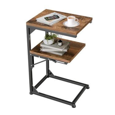 Imagem de Simple Trending Mesa lateral em forma de C, mesa de cabeceira de 2 camadas com prateleira dobrável, bandeja de sofá pequena para sofá, mesa de TV para viver, marrom rústico
