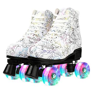 Imagem de Patins clássicos de cano alto para adultos ao ar livre patinação acende patins de quatro rodas brilhantes para mulheres (branco relâmpago brilhante, 37)