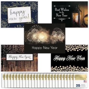 Imagem de Cartões de Ano Novo para Negócios e Família (pacote variado - dourado) Conjunto de cartões de felicitações a granel pacote com 25 cartões de feliz ano novo com envelopes para 2025 (12,7 x 17,8 cm)