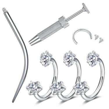 Imagem de LAURITAMI Anéis de nariz em ferradura 18G, anel de nariz de aço cirúrgico, piercing de nariz de zircônia cúbica rosa, anéis de nariz roscados internamente para mulheres