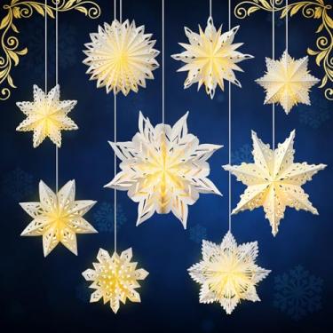 Imagem de Riakrum 10 peças de lanterna de papel de floco de neve, lanterna de estrela, de papel com 14 lâmpadas de LED, decoração de festa congelada, decoração de pendurar para Natal, casamentos, ano novo,