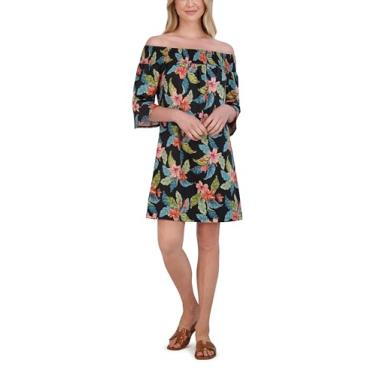 Imagem de Stella Parker Vestido midi feminino com ombros de fora e manga 3/4 com babados, Preto (Berry Black), P