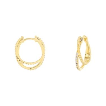 Imagem de Columbus Brincos de argola mergulhados em ouro 18K - CZ pavê e textura nervurada X argolas clicker crossover - duas fileiras - argolas duplas para mulheres para ela