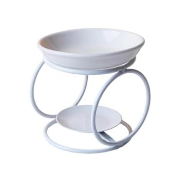 Imagem de Ｂｅｓｇａ Queimador de óleo de cerâmica com estrutura de ferro, aquecedor de fragrâncias portátil, difusor de óleos essenciais, aquecedor de cera, queimador de, Branco