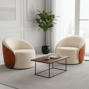 Imagem de Poltrona Sala Orgânica Kit 2 Lua Giratória Sintético Pu Nozes/bouclê Bege D03 - D'rossi
