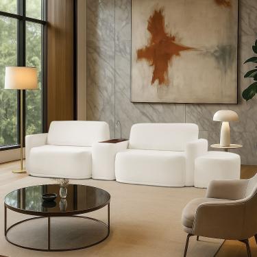 Imagem de Sofá Sala Modulado 259cm Com Puff Console Usb Luminária Brumma Bouclê Off White K01 - D'rossi