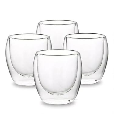 Imagem de Jogo Kit 4 Copos Vidro Parede Dupla 250ml Camada Dupla Térmico Borossilicato Xícaras Sem Alça Café Cappuccino Expresso Chá Bebida Quente Não Queima a Mão Não Sua a Mesa Resistente Choque Térmico