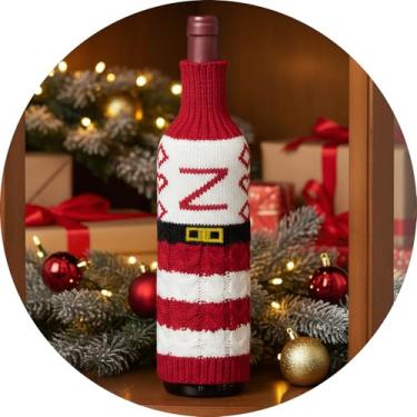 Imagem de Suéter de Natal para garrafa de vinho com letra A – Z, garrafas de manga de malha, decoração de mesa, reutilizável, roupa de garrafa estilo Papai Noel