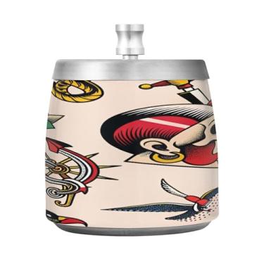 Imagem de Qilmy Cinzeiro Old School Tattoo de aço inoxidável com tampa - Cinzeiro de cigarro à prova de vento sem cheiro sem fumaça para casa, escritório, carro, pátio, varanda (uso interno e externo)